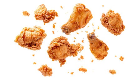 Crispy fried chicken pieces suspended in mid-air, captured against a white background from top view. Ideal for dynamic food photography.の素材