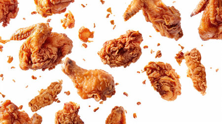 Delicious fried chicken pieces in mid-air, falling onto a white background, viewed from above. Perfect for an engaging food visual.の素材
