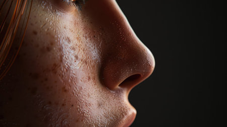 Detailed 3D close-up of a woman's nose, emphasizing the refined contours and flawless texture with this inviting photo.の素材