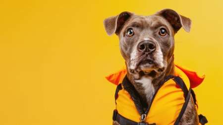 Cute dog in a vibrant life jacket with plenty of space for text below. Great for promotional materials.の素材