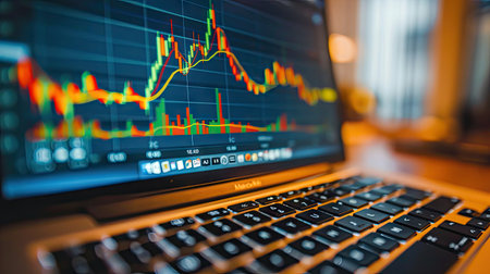 Close-up of investment charts and graphs on a laptop screen, tools for financial analysis with this inviting photo.の素材