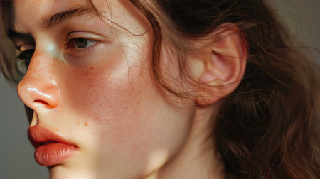 Close-up of a young woman's ear, highlighting the smoothness and contours with a focus on the delicate details and natural features.の素材