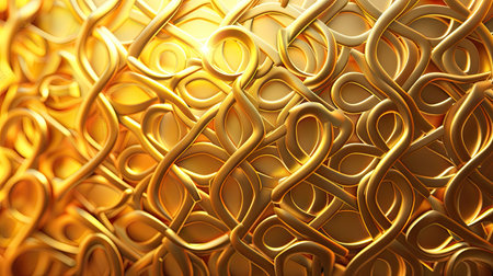 Contemporary 3D illustration of a golden background with intricate, overlapping designs and a radiant, glowing finish with this inviting photo.の素材