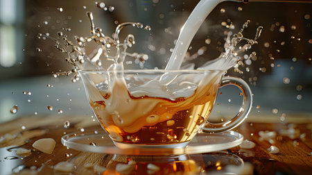Detailed 3D close-up of milk being poured and splashing into a glass cup of tea, highlighting the dynamic interaction and realistic textures.の素材