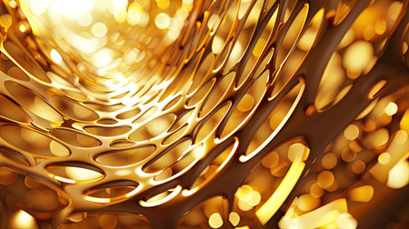 Contemporary 3D illustration of a golden background with intricate, overlapping designs and a radiant, glowing finish with this inviting photo.の素材