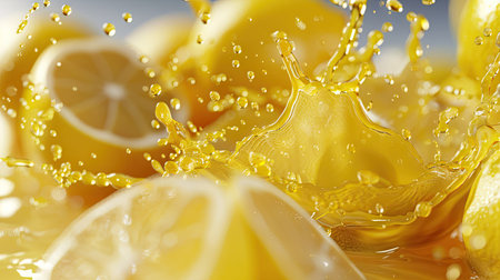 Detailed 3D close-up of fresh lemon juice splashing from a glass, showcasing the citrus droplets and whole lemons isolated on whiteの素材