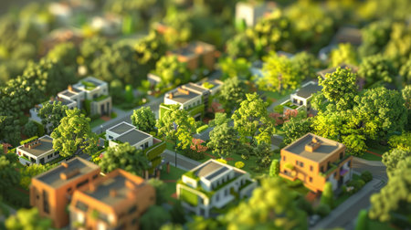 Detailed 3D model of a city with green buildings and trees, highlighting urban sustainability with this inviting photo.の素材