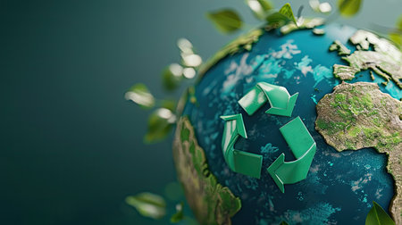 Detailed 3D rendering of a globe with recycling arrows, emphasizing global recycling efforts with this inviting photo.の素材