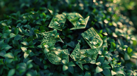 Detailed 3D rendering of a recycling symbol with green leaves, emphasizing eco-friendly practices with this inviting photo.の素材