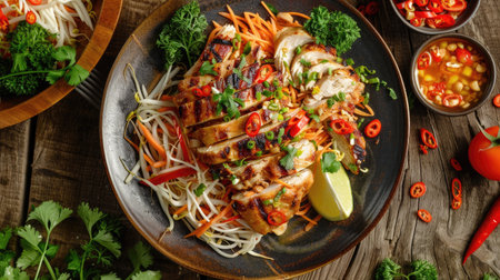Detailed 3D top view of a plate of Som Tum Thai with Grilled Chicken, showcasing the crisp papaya, tangy dressing, and perfectly grilled chicken with this inviting photo.の素材