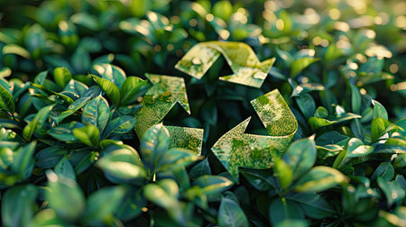 Detailed 3D rendering of a recycling symbol with green leaves, emphasizing eco-friendly practices with this inviting photo.の素材