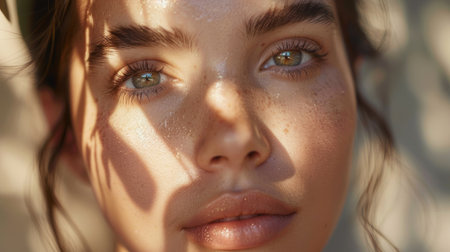 Detailed close-up shot of a beautiful woman with smooth, glowing skin, emphasizing her clear and healthy complexion with this inviting photo.の素材