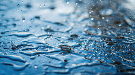 Detailed view of water droplets on a metallic surface with a flowing water backdrop. Perfect for clean design and text copy space.の素材