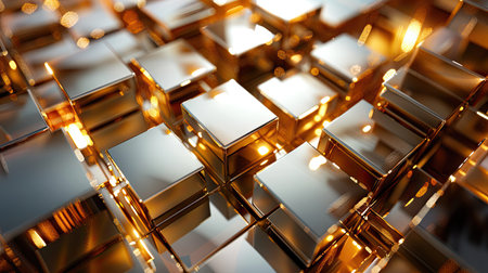 Detailed 3D rendering of a golden metallic background, showcasing complex geometric shapes and a polished finish with this inviting photo.の素材