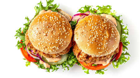 Double chicken burger with crispy chicken patties, fresh salad, and creamy sauce, isolated on white and captured from above. Perfect for menu designs.の素材