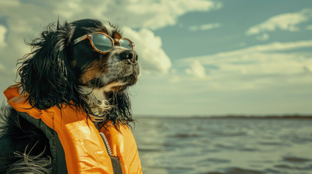 Dog in a life jacket, ready for boating. Ample space for text on the left side.の素材