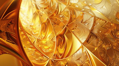 Detailed 3D rendering of a golden background featuring layered, fractal designs and a radiant, metallic finish with this inviting photo.の素材