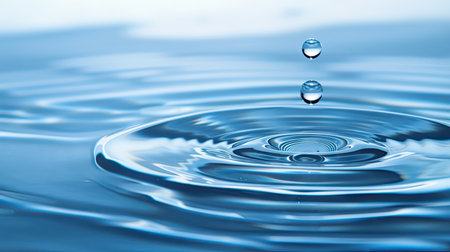 Droplets of water on a flat surface with a tranquil water background, perfect for designs with plenty of text copy space.の素材