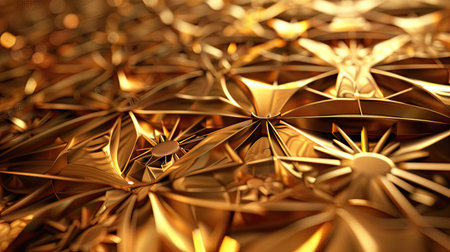 Elegant 3D rendering of a golden background with intricate, overlapping geometric patterns and a polished finish with this inviting photo.の素材