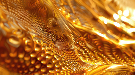 Elegant 3D rendering of a golden background with intricate, fractal-inspired patterns and a radiant, metallic shine with this inviting photoの素材