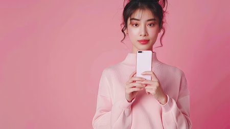 Elegant Asian businesswoman showing a smartphone with a blank screen, standing against a pink background. Room for text above.の素材