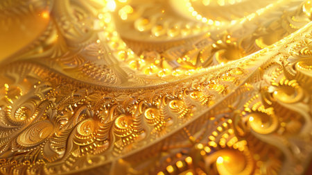 Elegant 3D rendering of a golden background with intricate, fractal-inspired patterns and a radiant, metallic shine with this inviting photoの素材