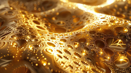 Elegant 3D rendering of a golden background with intricate, fractal-inspired patterns and a radiant, metallic shine with this inviting photoの素材