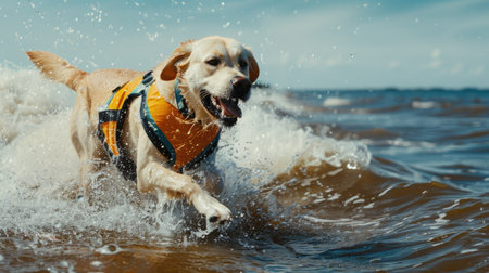 Energetic dog in a life jacket, running by the shore with space for text on the side.の素材
