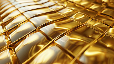 Elegant 3D rendering of a golden background with intricate, overlapping geometric patterns and a polished finish with this inviting photo.の素材