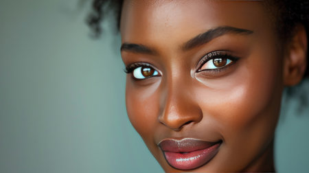 Elegant close-up of a woman with perfect skin, showcasing her even tone and vibrant radiance with this inviting photo.の素材