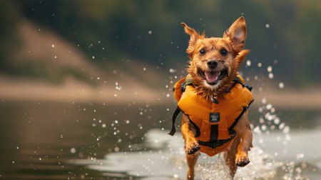 Energetic dog in a life jacket, running by the shore with space for text on the side.の素材