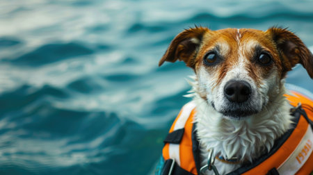 Happy, adventurous dog wearing a life jacket with room for text on the right.の素材