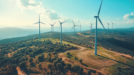 Expansive panoramic view of a wind farm, highlighting clean energy production with turbines dotting the landscape.の素材