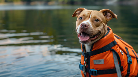Happy dog in a life jacket standing by the water, perfect for safety messages. Space for text on the side.の素材
