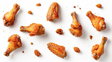 Golden fried chicken wings and drumsticks falling in mid-air, captured from top view against a white background. Ideal for food marketing.の素材