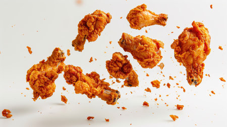Fried chicken pieces in mid-air, falling against a white background, captured from top view. Dynamic and appetizing food shot.の素材