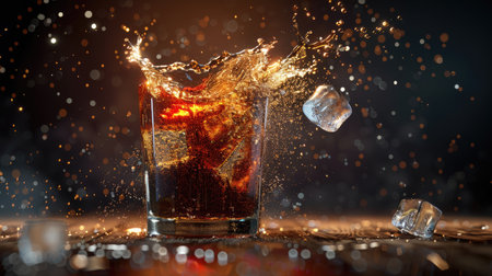 High-resolution 3D image of cola splashing into a glass filled with ice cubes, capturing the dynamic motion and fizz with this inviting photo.の素材