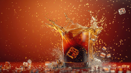 High-resolution 3D image of cola splashing into a glass filled with ice cubes, capturing the dynamic motion and fizz with this inviting photo.の素材