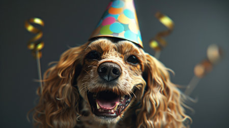 High-resolution 3D close-up of a smiling cocker spaniel in a party hat, emphasizing the dog's happy demeanor and the hat's bright colors.の素材