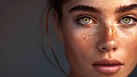 Hyper-realistic 3D image of a woman's face, emphasizing her perfect skin texture and striking features with this inviting photo.の素材