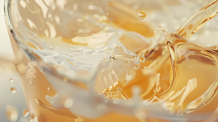 High-resolution 3D close-up of milk mixing with tea in a glass cup, showcasing the swirling blend and realistic textures of the liquids. -の素材