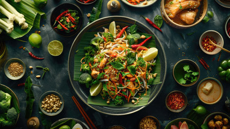 Hyper-realistic 3D top view image of a Thai food spread with Som Tum and Grilled Chicken, showcasing the freshness and flavor of the dish with this inviting photo.の素材