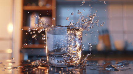 Hyper-realistic 3D image of water splash in a glass, showcasing the detailed textures and refreshing effect with this inviting photo.の素材