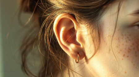 Intimate close-up of a young woman's ear, showcasing the intricate details and smooth texture in a highly detailed and personal photo.の素材