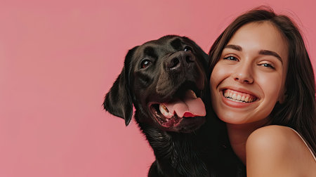Joyful woman and her Labrador Retriever dog posing against a pink background, with plenty of room for text on the right side.の素材