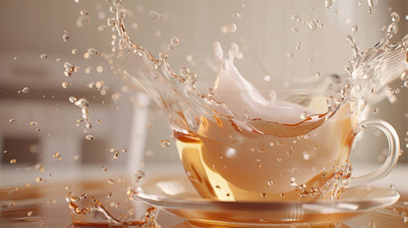 Intimate 3D close-up of milk splashing into a tea-filled glass cup, capturing the dynamic movement and realistic liquid effects.の素材