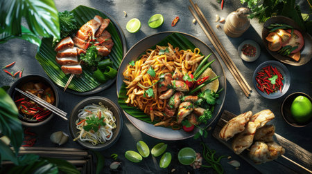 Hyper-realistic 3D top view image of a Thai food spread with Som Tum and Grilled Chicken, showcasing the freshness and flavor of the dish with this inviting photo.の素材