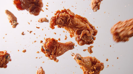 Mid-air shot of fried chicken wings and drumsticks falling on a white background, top view. Great for creating an exciting food image.の素材