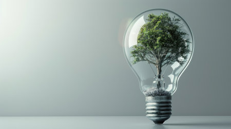 Modern 3D illustration of a tree inside a light bulb, representing innovative green energy with this inviting photo.の素材
