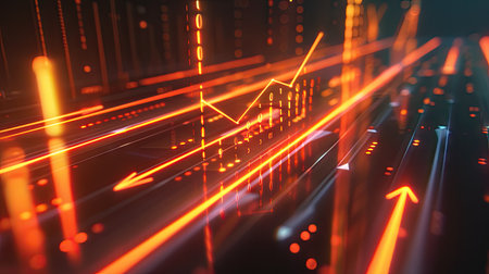 Modern 3D financial growth chart with arrows and glowing lines on a dark background with this inviting photo.の素材